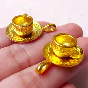 3D Tea Cup Charms / Teacup Pendant (2pcs / 18mm x 27mm / Gold) Kawaii Miniature Sweets Jewellery Cute Dollhouse Cup Whimsical Jewelry CHM851