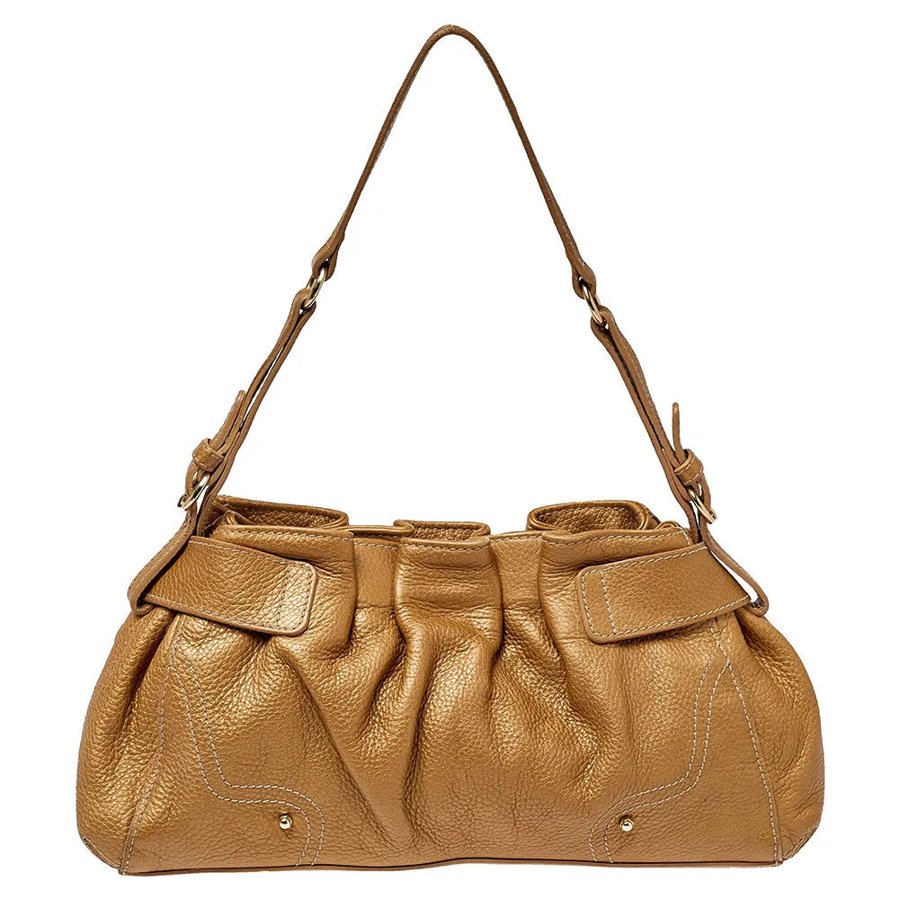 AIGNER Metallic Beige Pleated Leather Satchel