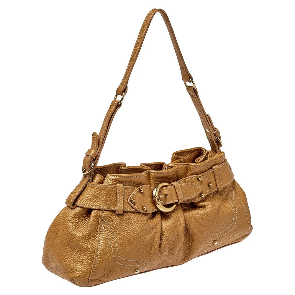 AIGNER Metallic Beige Pleated Leather Satchel