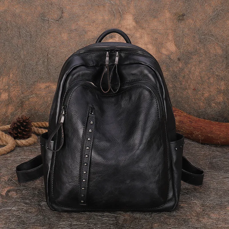 Best Green Leather Rucksack Womens Vintage School Backpack With Rivet Leather Backpack Purse