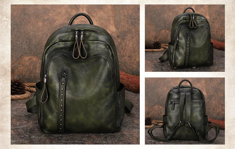 Best Green Leather Rucksack Womens Vintage School Backpack With Rivet Leather Backpack Purse