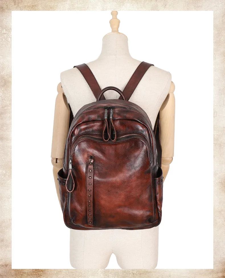 Best Green Leather Rucksack Womens Vintage School Backpack With Rivet Leather Backpack Purse