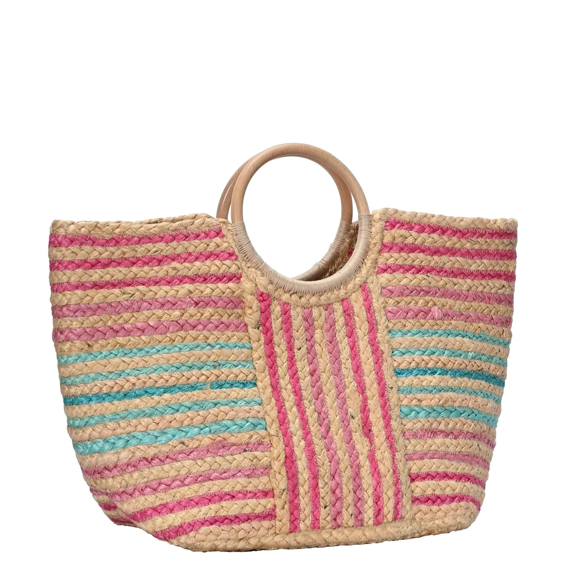 BGAIN199 Stiped Straw Beach Tote With Wood Handles