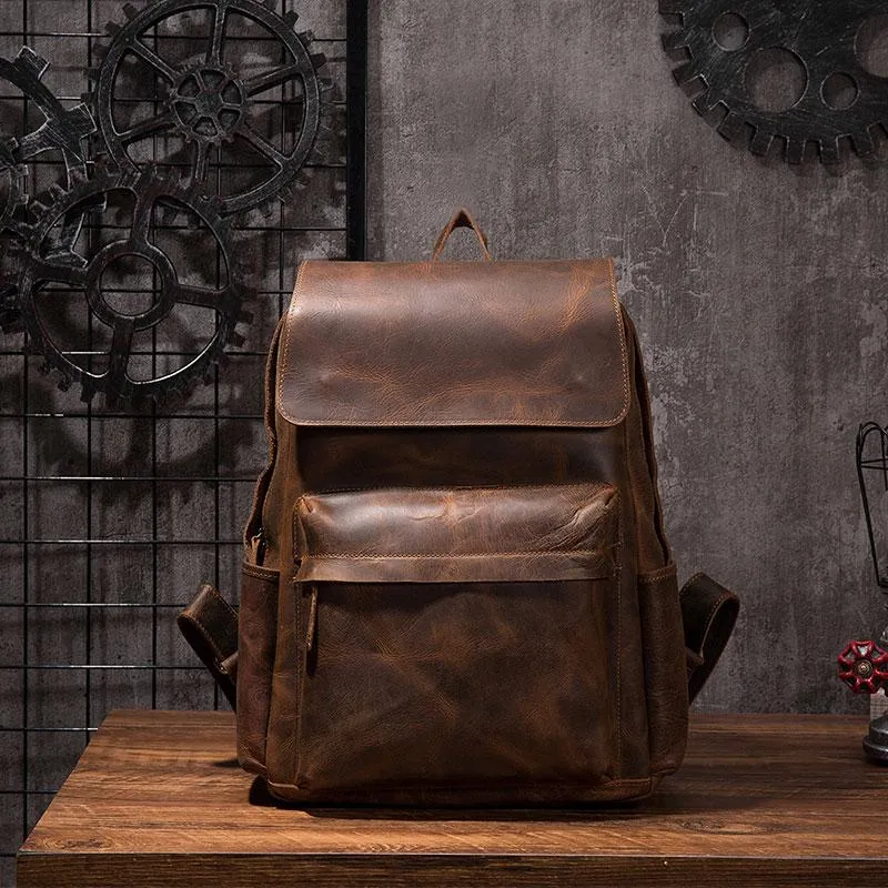 Black Cool Mens Leather 15inch Laptop Backpack Leather School Backpack Travel Backpack for Men