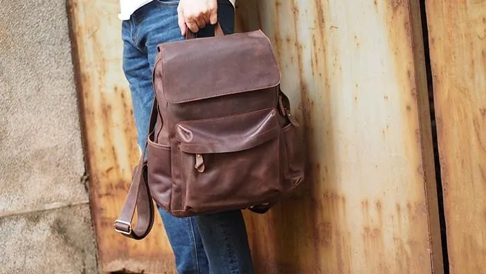 Black Cool Mens Leather 15inch Laptop Backpack Leather School Backpack Travel Backpack for Men