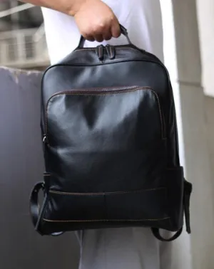 Black Leather Men's 15 inches Computer Backpack Travel Backpack Black Large College Backpack For Men