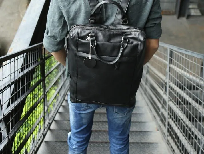 Black Leather Mens Backpack Travel Backpack Laptop Backpack for men