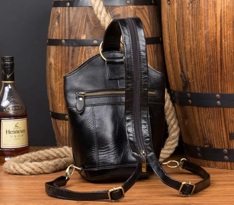 Black Leather Mens Cool Bucket Small Sling Bags Backpack Crossbody Pack Chest Bag for Men