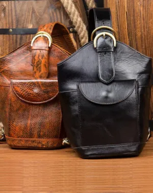 Black Leather Mens Cool Bucket Small Sling Bags Backpack Crossbody Pack Chest Bag for Men