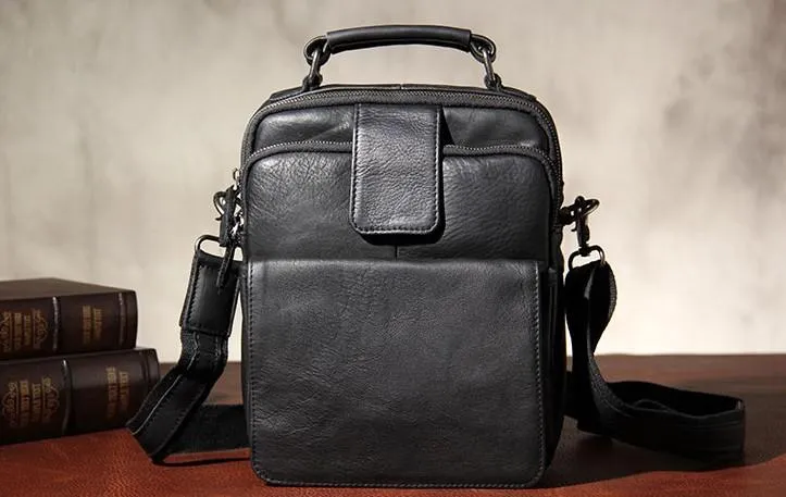 Black Leather Mens Small Shoulder Bag Messenger Bag Crossbody Bag for Men