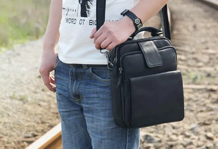 Black Leather Mens Small Shoulder Bag Messenger Bag Crossbody Bag for Men