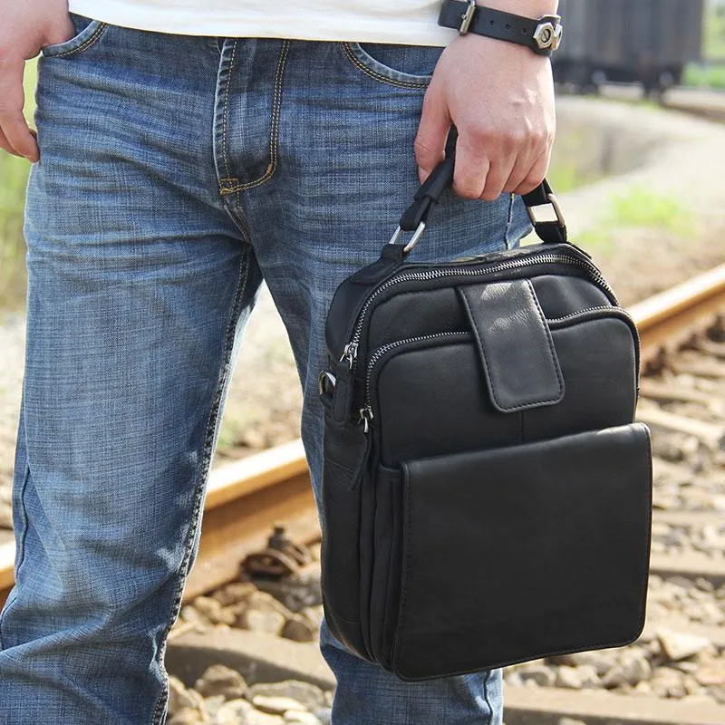 Black Leather Mens Small Shoulder Bag Messenger Bag Crossbody Bag for Men