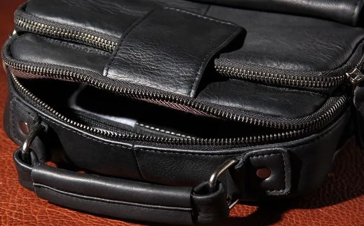 Black Leather Mens Small Shoulder Bag Messenger Bag Crossbody Bag for Men