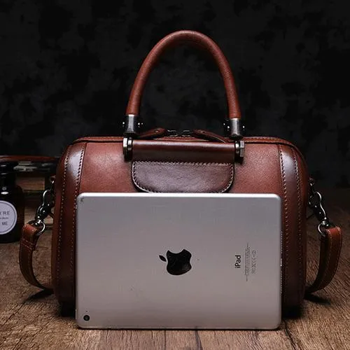 Black Vintage Womens Leather Boston Handbag Purse Brown Side Bag Boston Purse for Ladies