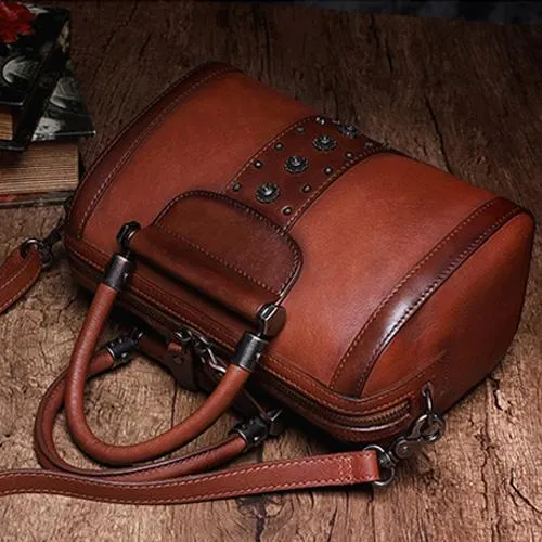 Black Vintage Womens Leather Boston Handbag Purse Brown Side Bag Boston Purse for Ladies