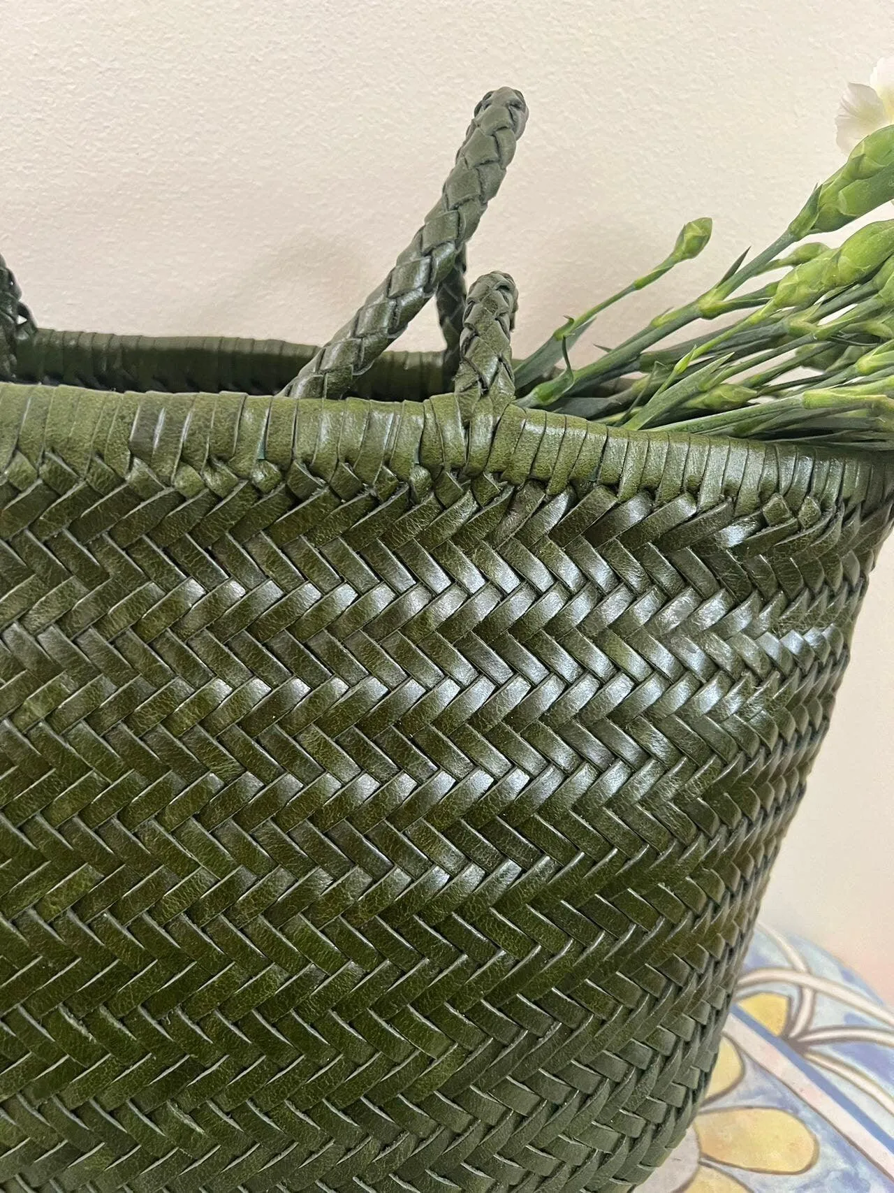 Green Italy Full Grain Leather Soft Woven Triple Jump Bamboo Style HandBag, Handcrafted Ladies Bag, Basket Bag, Plant Green, Red, White