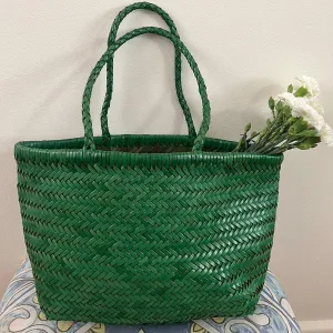 Green Italy Full Grain Leather Soft Woven Triple Jump Bamboo Style HandBag, Handcrafted Ladies Bag, Basket Bag, Plant Green, Red, White