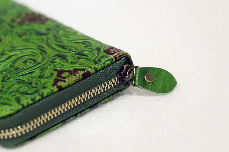 Handcrafted Genuine Leather Wallet | Embossed Purse | Women Leather Clutch | Women's Leather Wallets | Green Purse