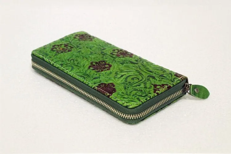 Handcrafted Genuine Leather Wallet | Embossed Purse | Women Leather Clutch | Women's Leather Wallets | Green Purse