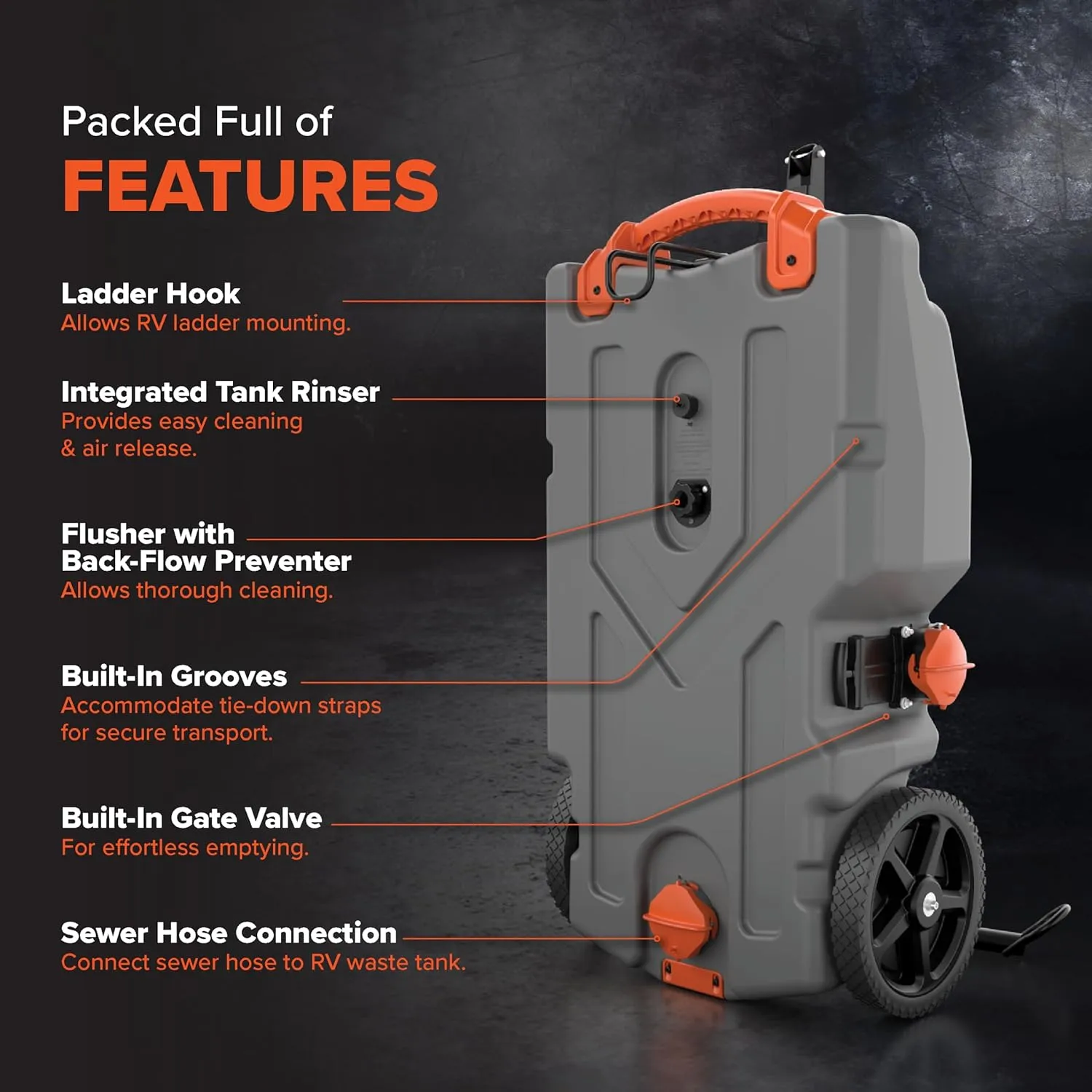 Portable Gallon RV Tote Tank with No-Flat Wheels, Gate Valve, and Accessories