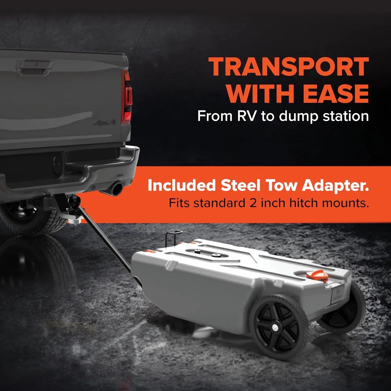 Portable Gallon RV Tote Tank with No-Flat Wheels, Gate Valve, and Accessories