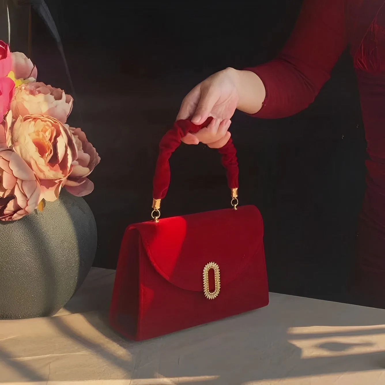 Priscilla Red Velvet Handbag