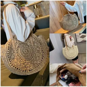 Round Straw Beach Bag Vintage Handmade Woven Shoulder Bag Raffia circle Rattan bags Bohemian Summer Vacation Casual Bags