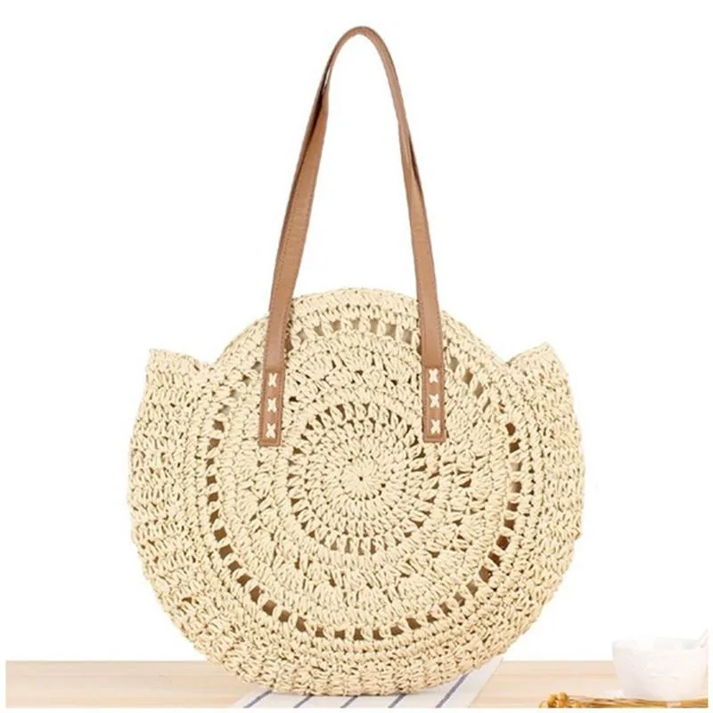 Round Straw Beach Bag Vintage Handmade Woven Shoulder Bag Raffia circle Rattan bags Bohemian Summer Vacation Casual Bags