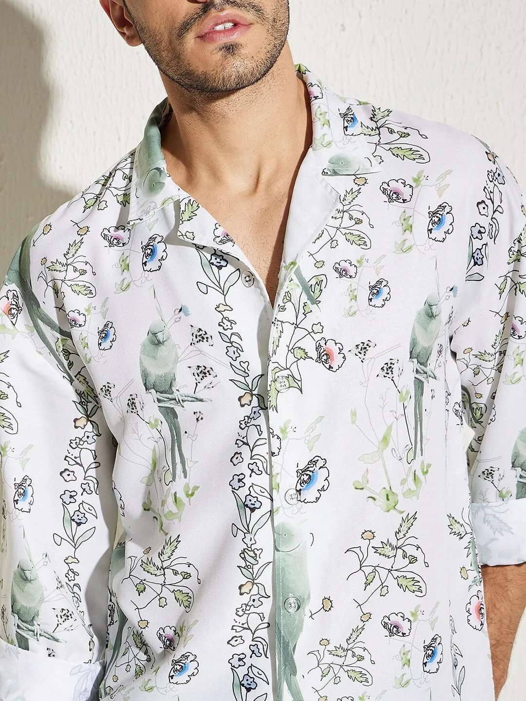 White Parrot Print Cuban Shirt